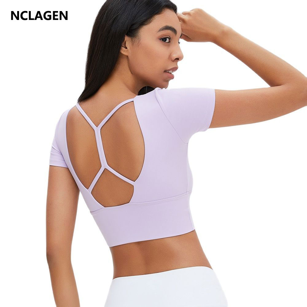 NCLAGEN Women Yoga Shirt Open Back Fitness Crop ..